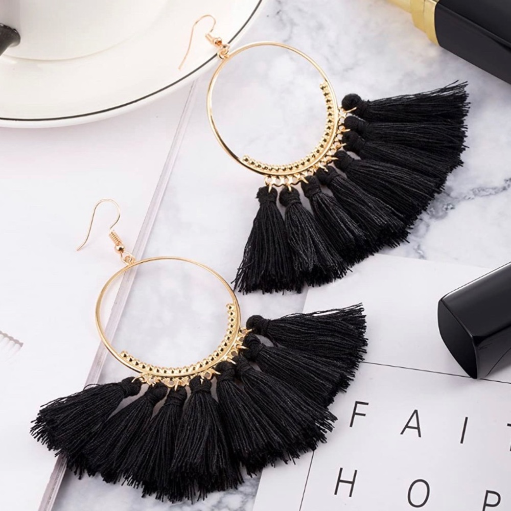 Black Tassel Hoop Earrings